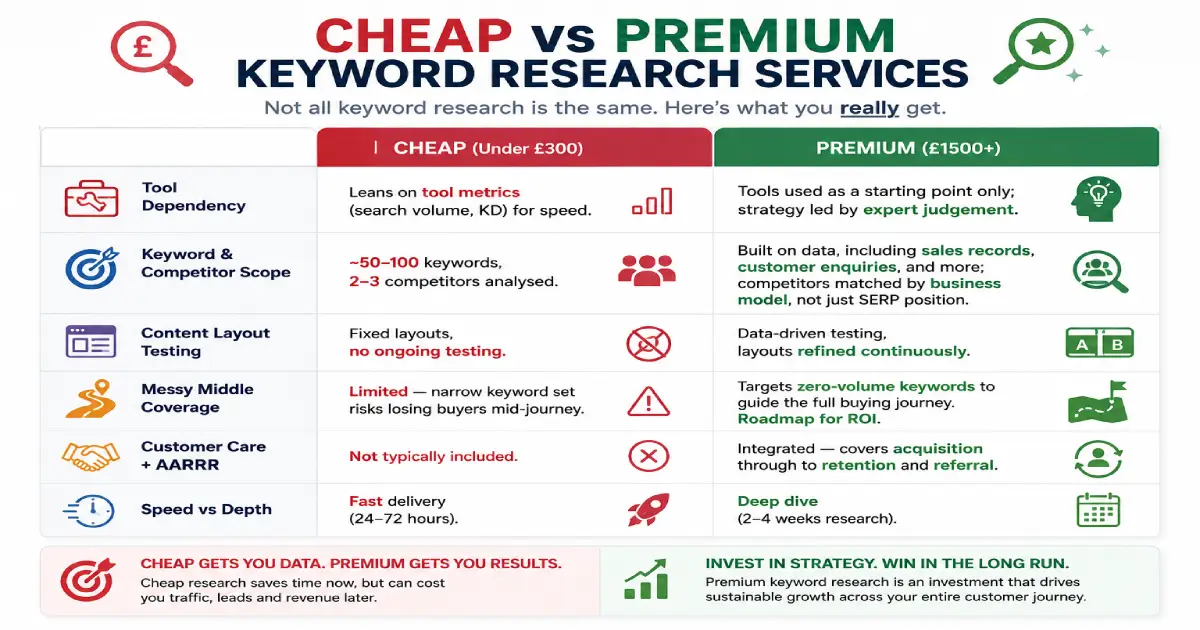  when to choose cheap keyword reserch and when to choose premium keyword research this tells you.